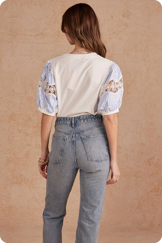 Striped Embroidered Puff Sleeve Tee Top: White/blue