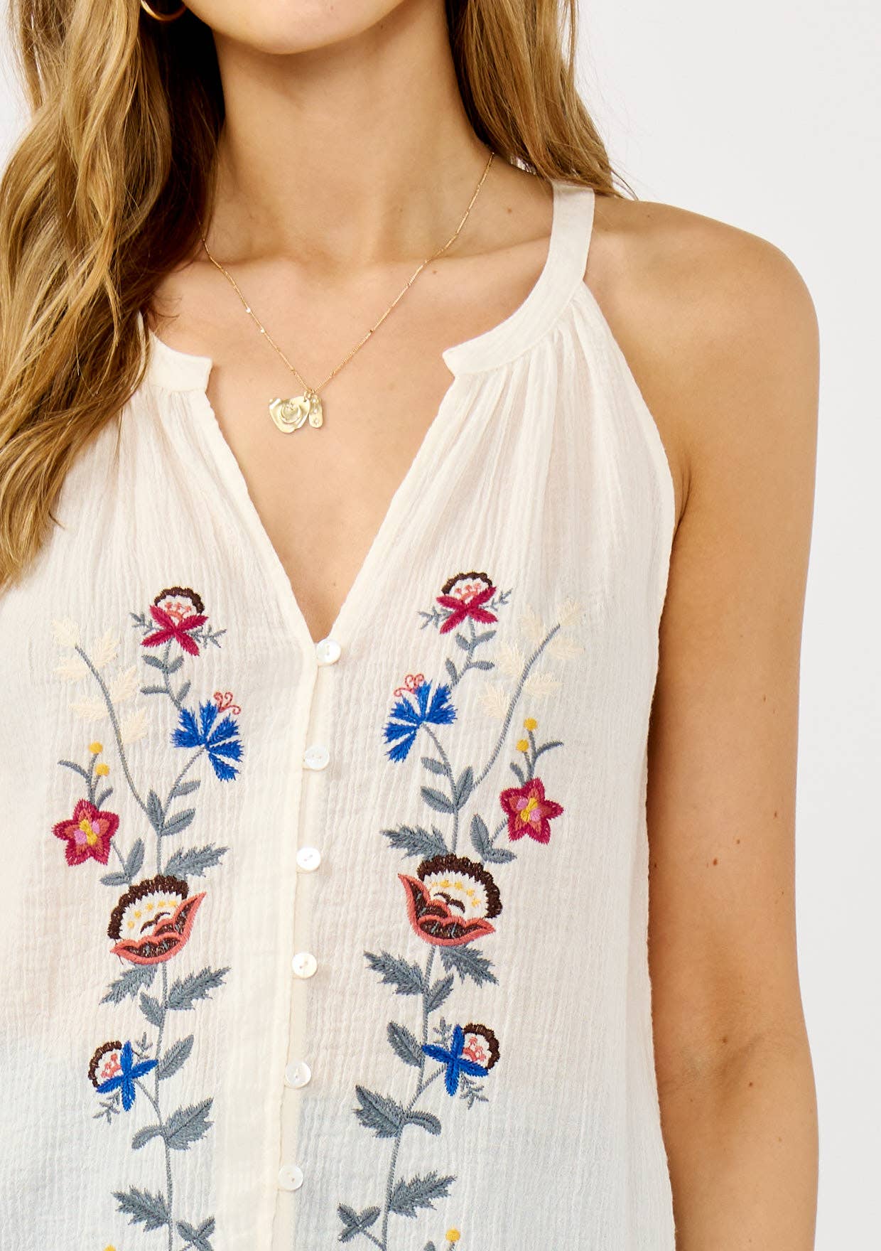 Embroidered Halter Neck Button-Down Tank