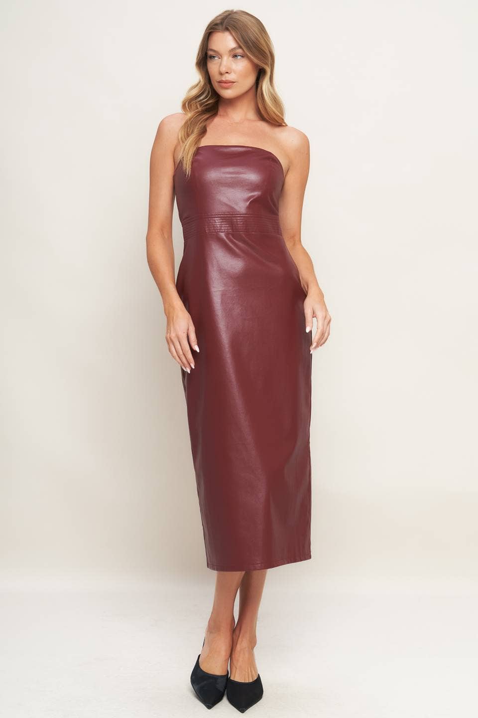 Burgundy fitted faux leather midi dress - ID22740: Burgundy