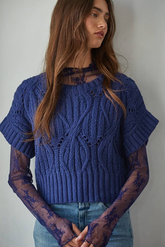 Crochet Round Neck Short Sleeve Top: Royal Blue