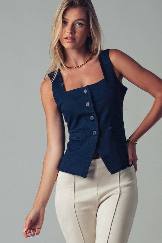 Structured Square Neck Button-Up Vest: Dark Navy DENIM