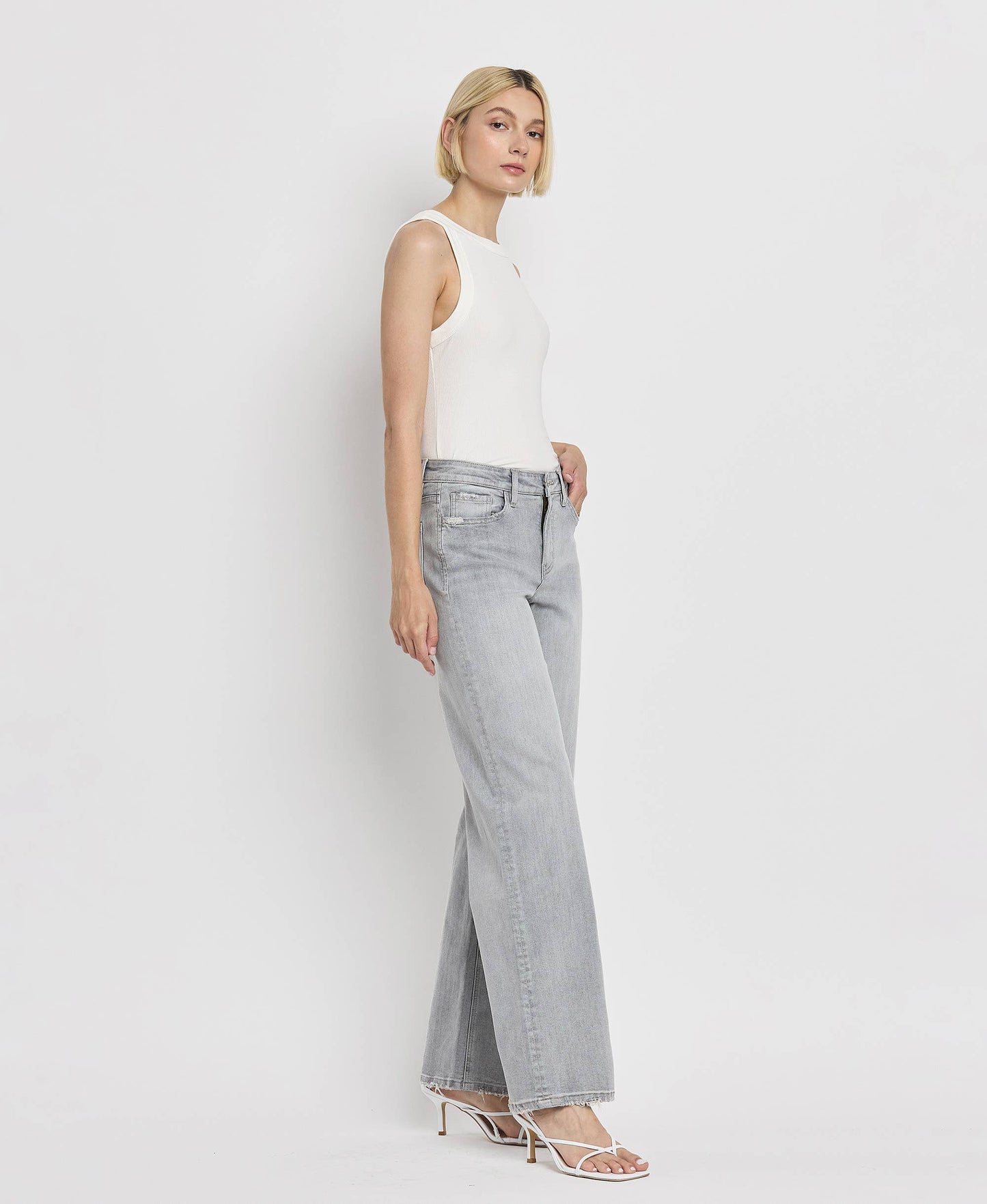 Flying Monkey High Rise Light Grey Wide Leg Jeans F5651