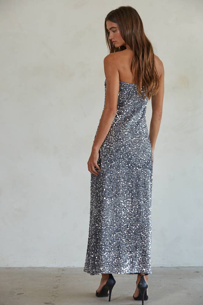 Sequin Tube Neck Strapless Pencil Maxi: Dark Grey