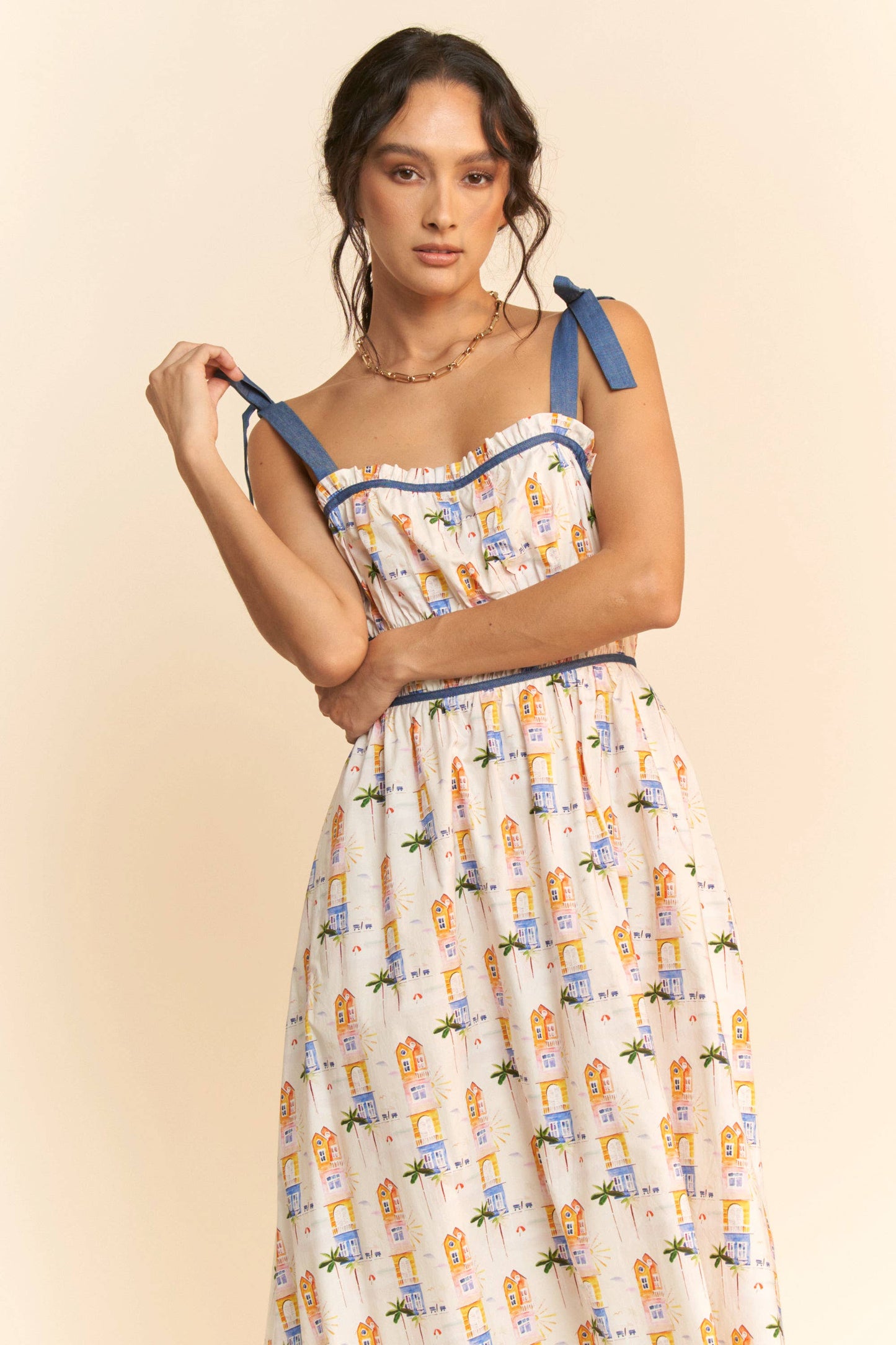 PRINTED RIBBON STRAPS MAXI SUN DRESS: White Multi