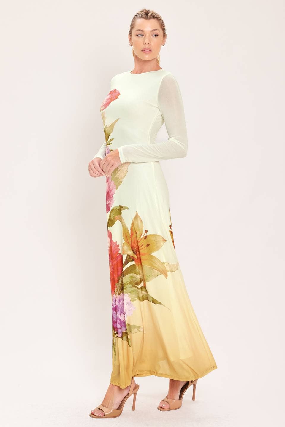 A printed power mesh maxi dress - ID24270: IVORY