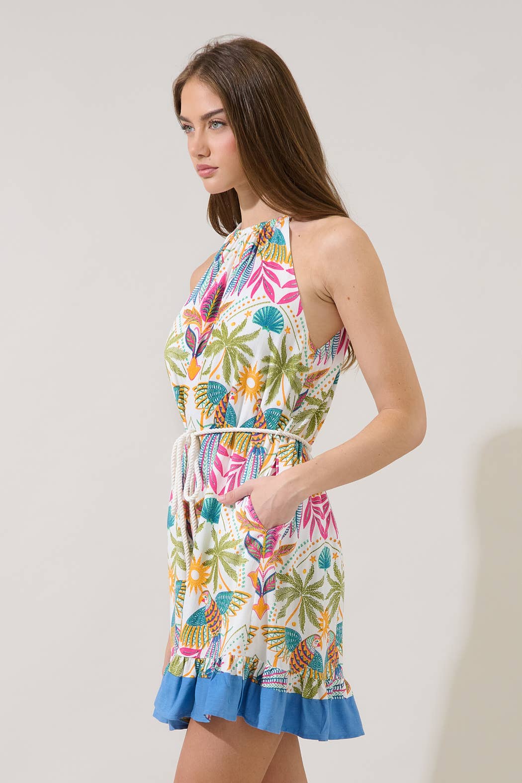 Malena Halter Ruffle Mini Dress Tropical: Multi