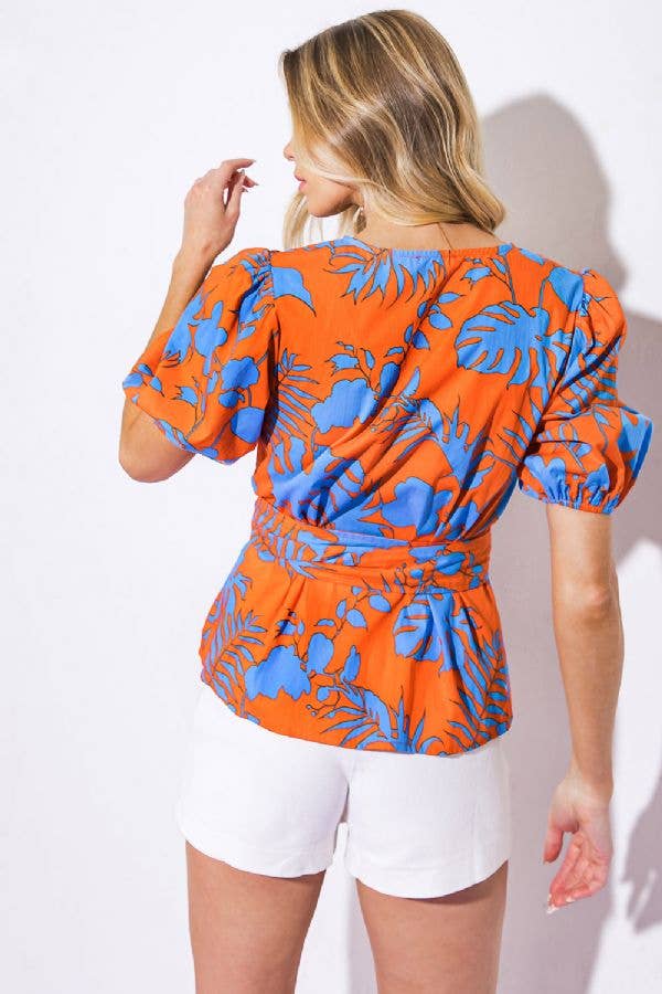 Waist tie/Puffy sleeve top - IT13089: Orange