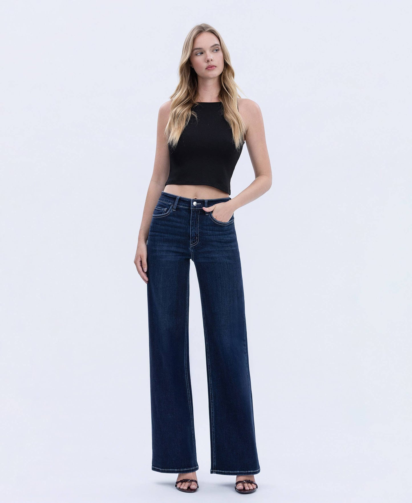 HIGH RISE DARK WASH FULL LENGTH WIDE JEANS F6259: HARMONIOUS LIGHT
