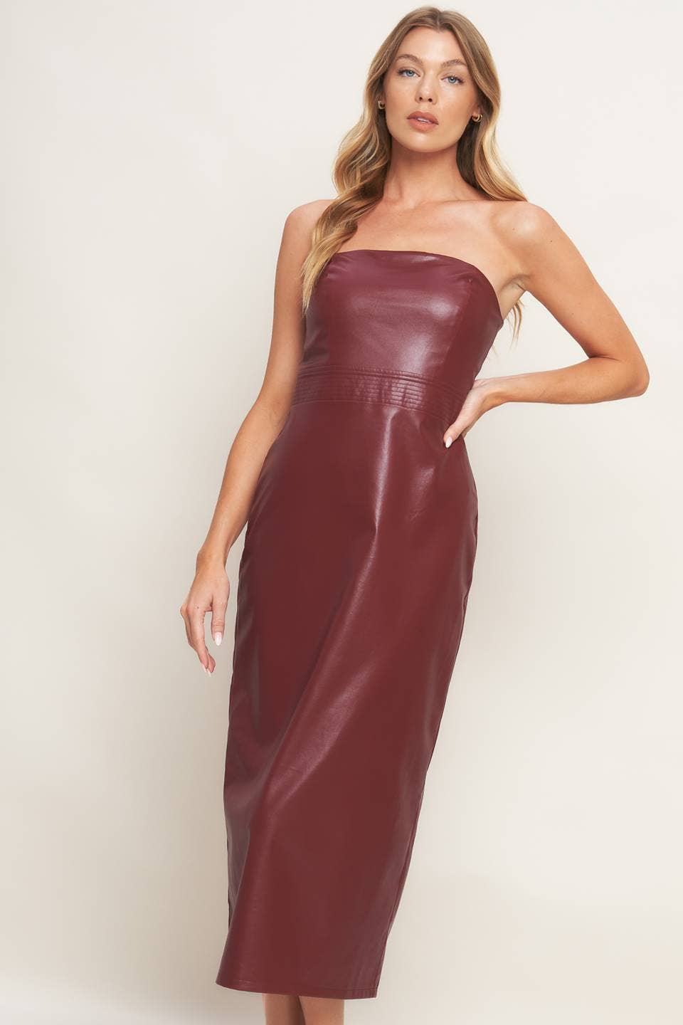 Burgundy fitted faux leather midi dress - ID22740: Burgundy