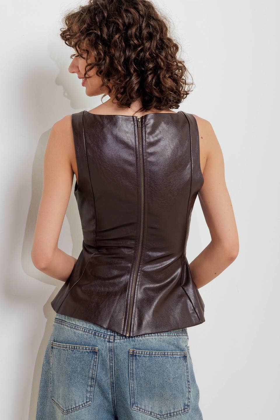 Faux leather tank top - FT1617: CHOCOLATE