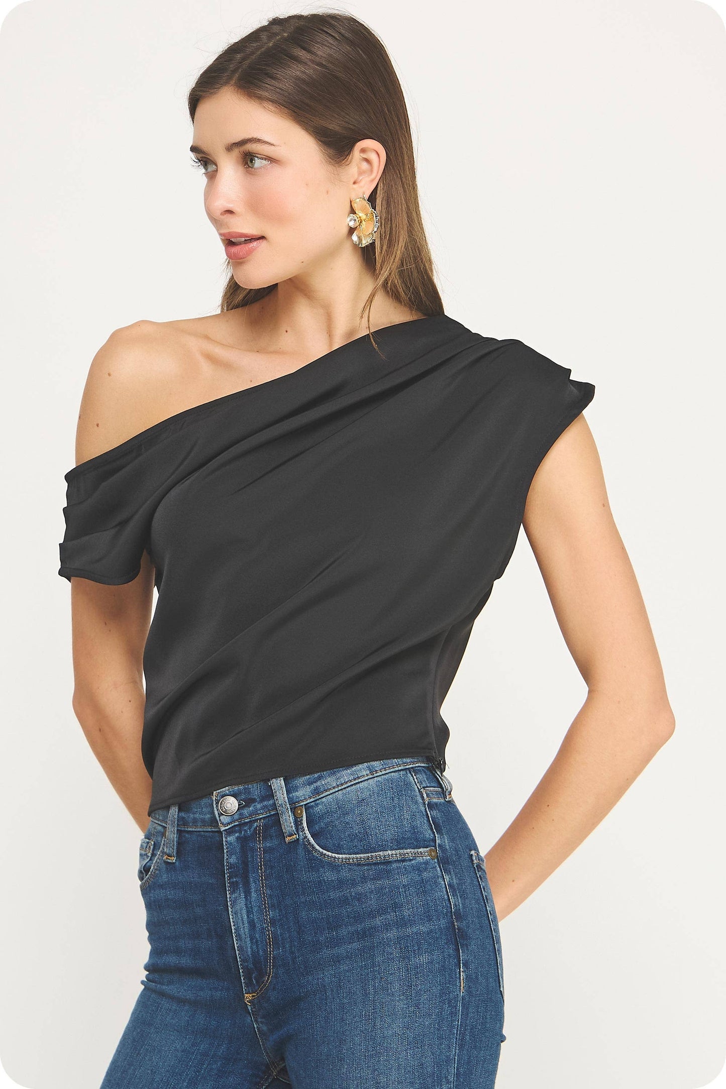 One Shoulder Draped Satin Top: Black