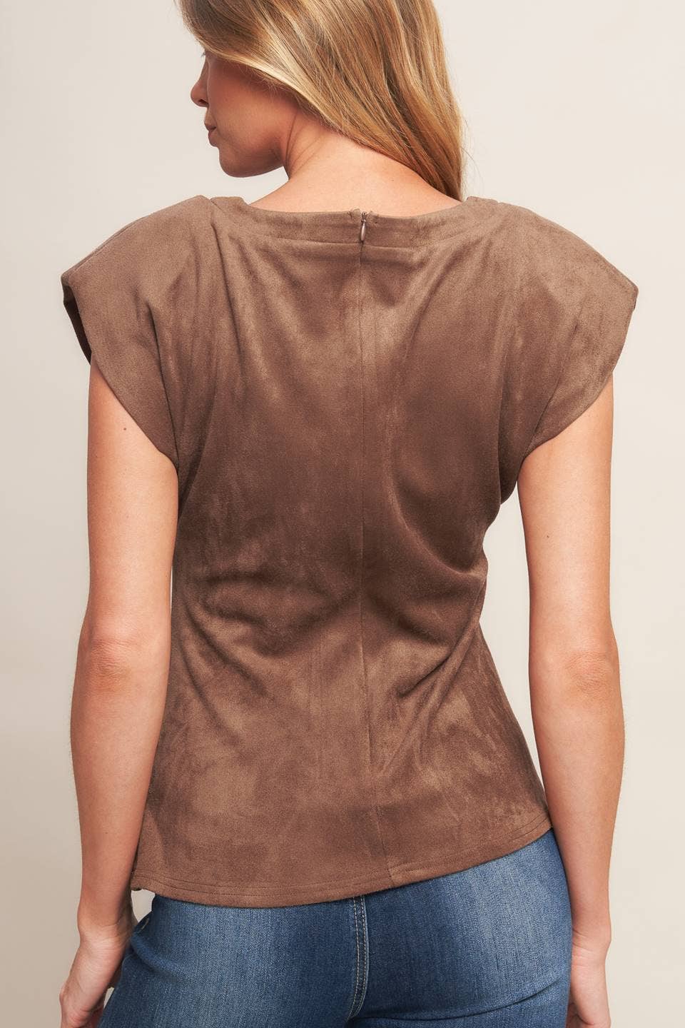 Faux suede top with front shirring - IT13851: Brown