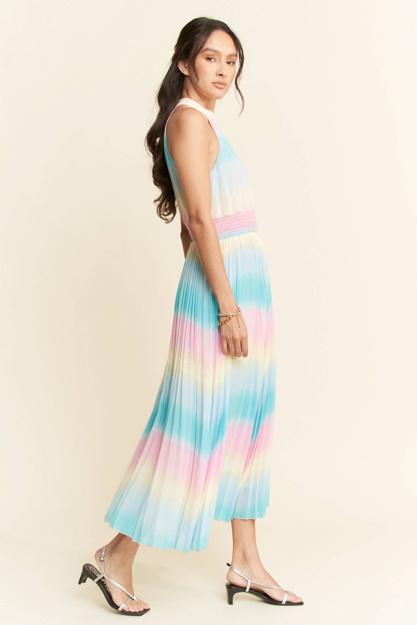 OMBRE STRIPED FULL LINED MAXI DRESS: Rainbow Combo