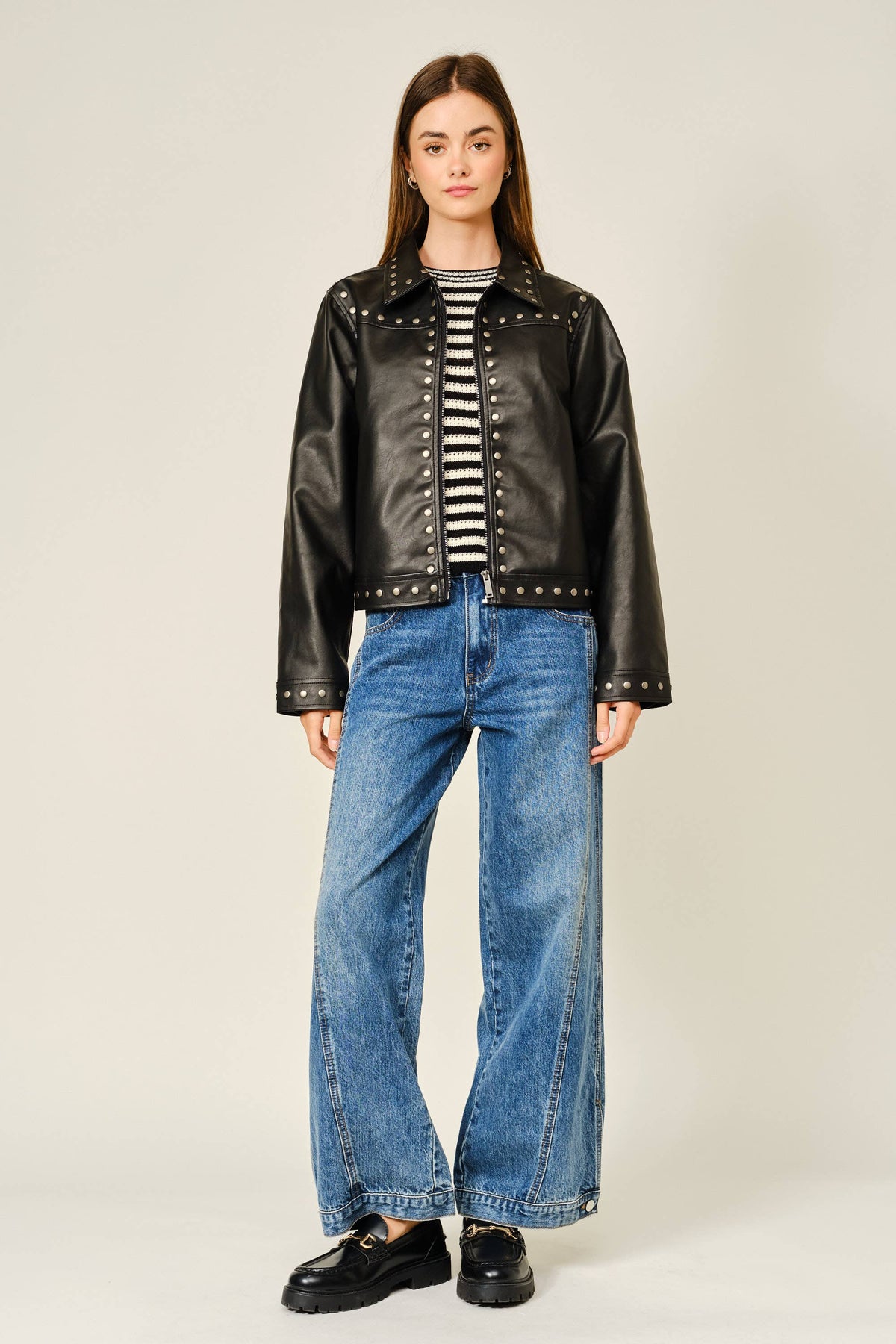 STUDDED VEGAN LEATHER JACKET: BLACK