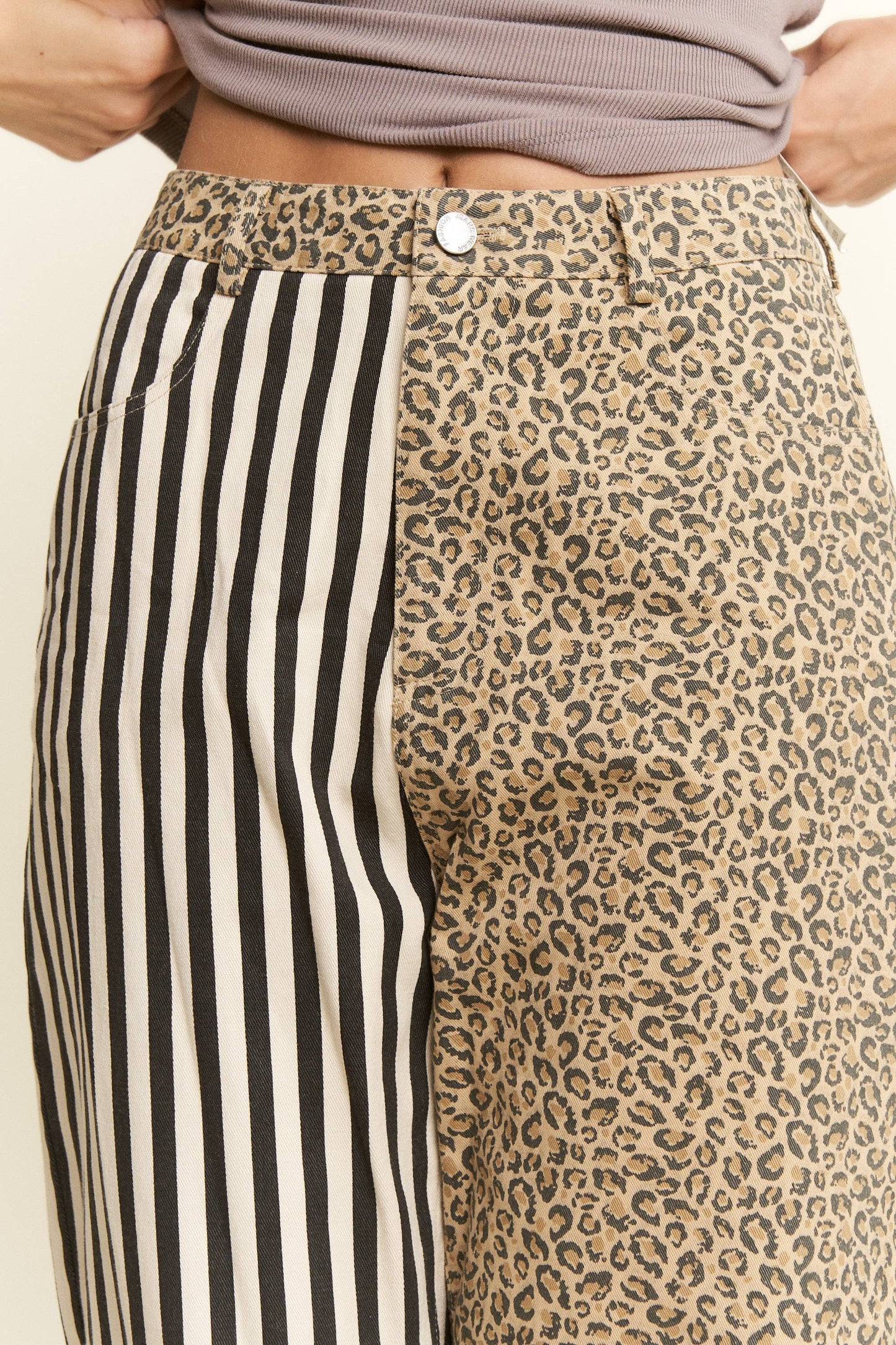MIX & MATCH LEOPARD-STRIPE PANTS: Brown