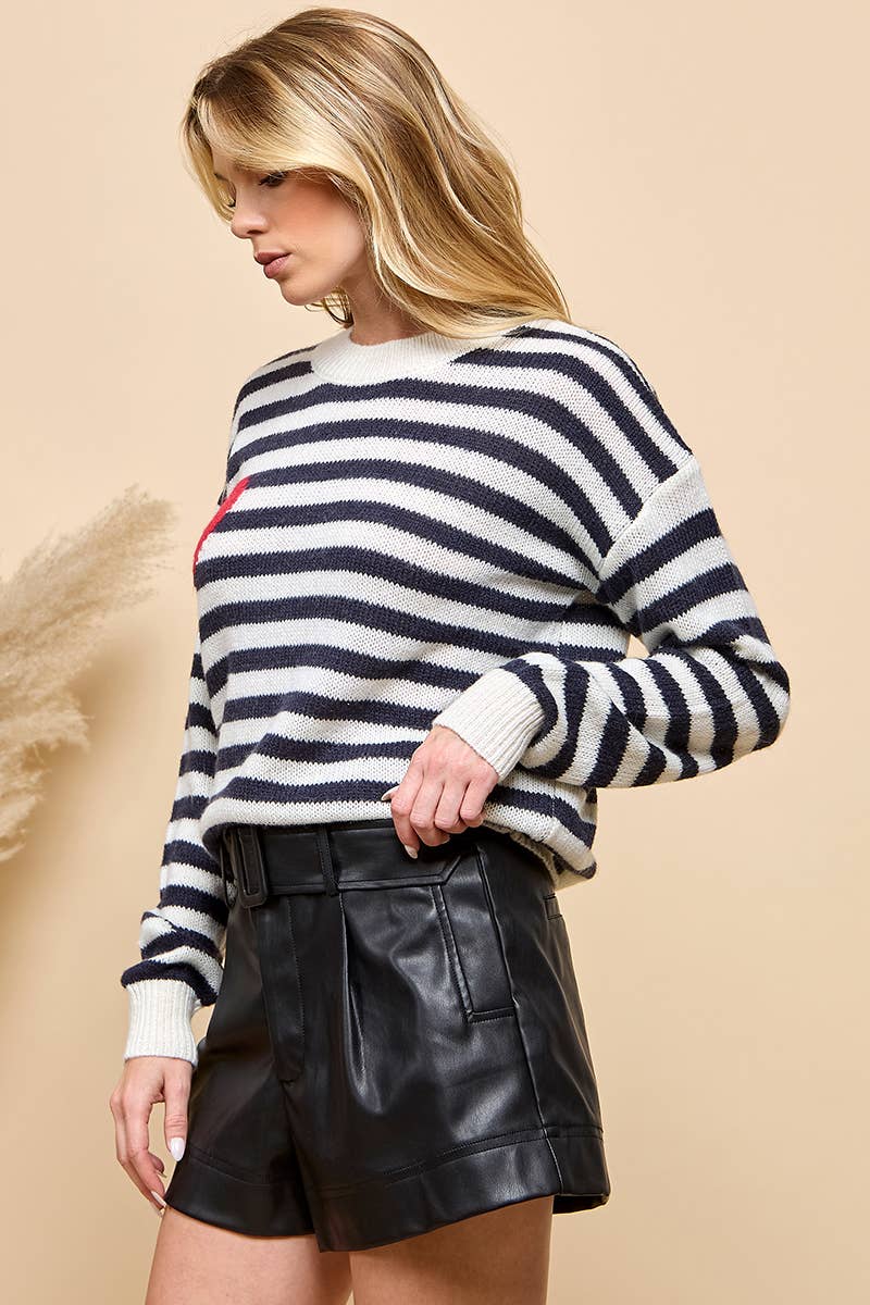 HEART STRIPE LONG SLEEVE SWEATER: Dark Navy