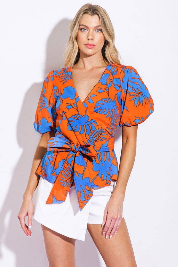 Waist tie/Puffy sleeve top - IT13089: Orange