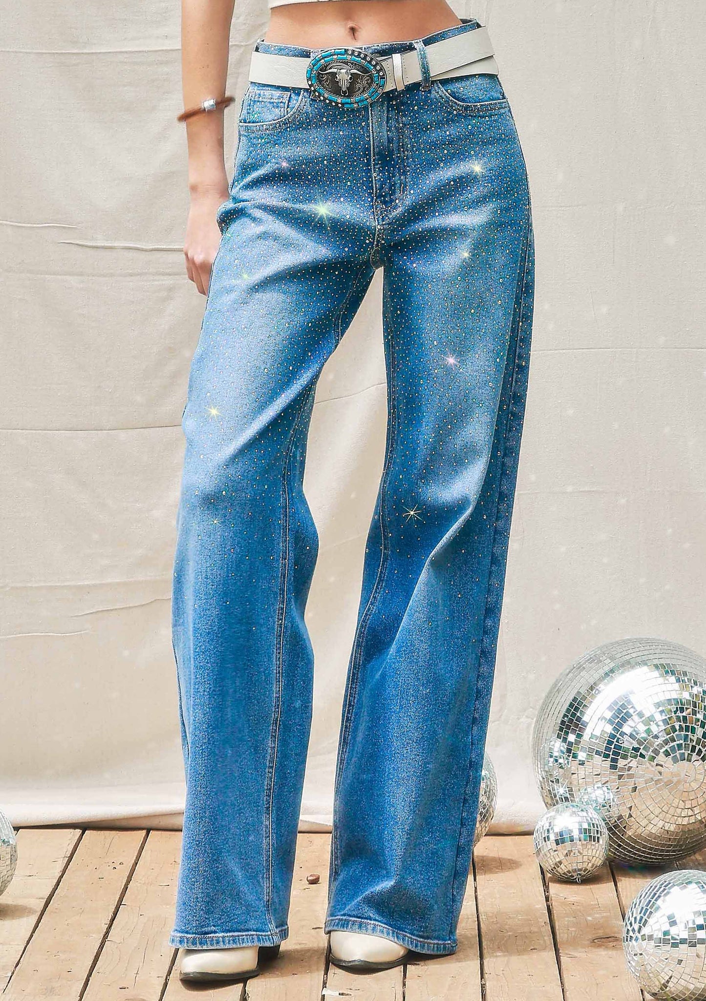 Iridescent Rhinestone High-Rise Wide Leg Jeans: Medium Stone