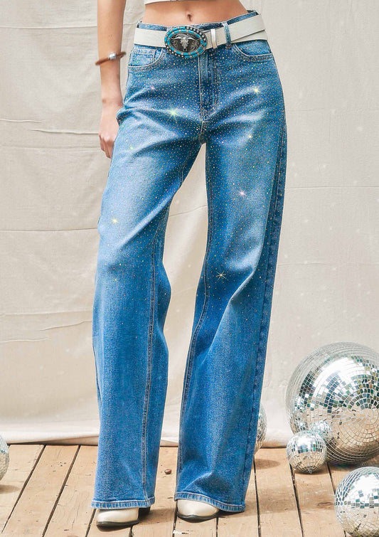 Iridescent Rhinestone High-Rise Wide Leg Jeans: Medium Stone