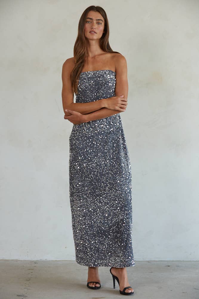Sequin Tube Neck Strapless Pencil Maxi: Dark Grey