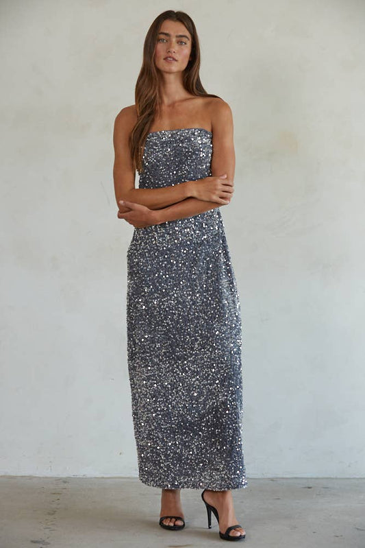 Sequin Tube Neck Strapless Pencil Maxi: Dark Grey