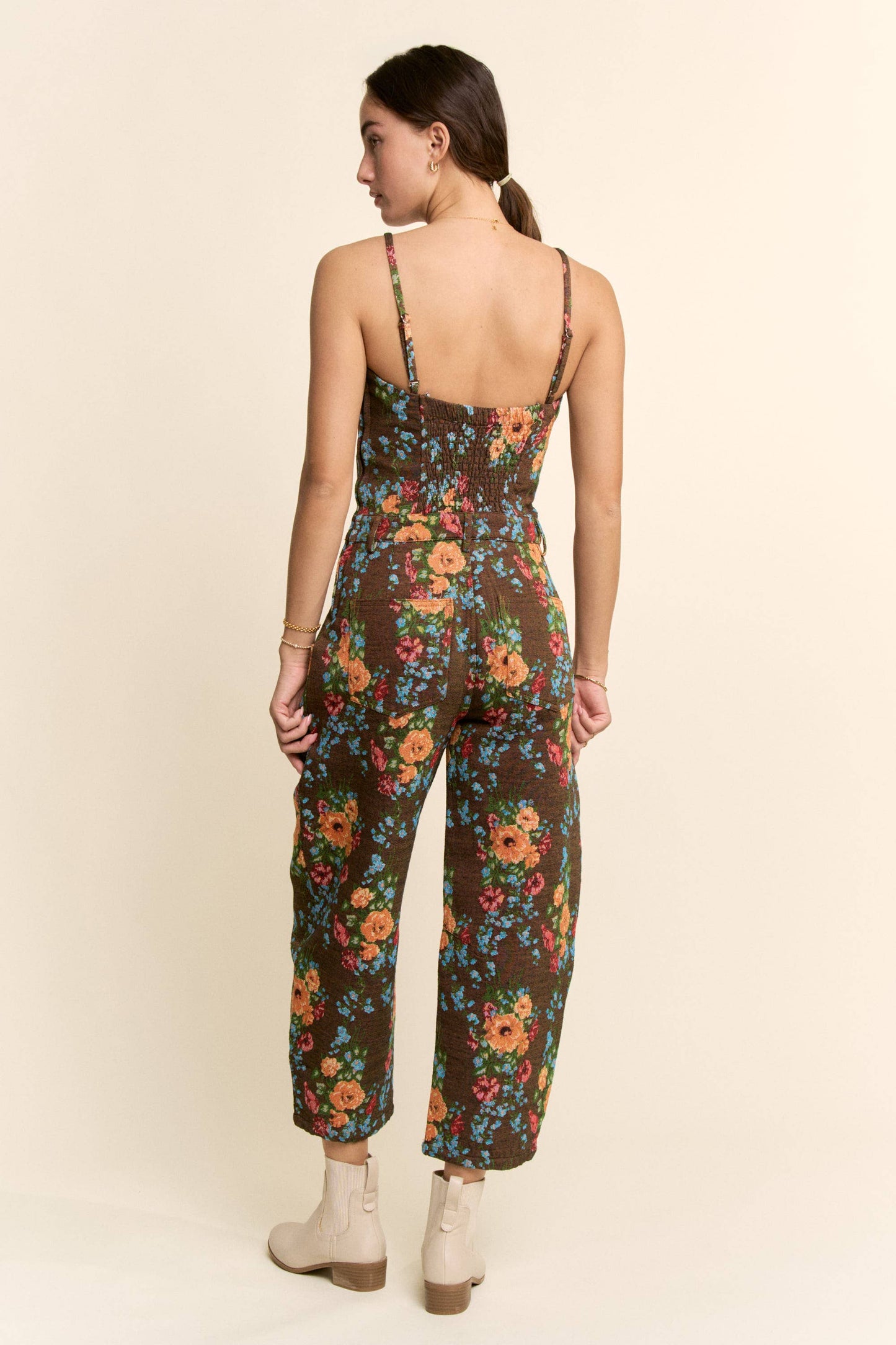 FLORAL JUMPSUIT SPAGHETTI STRAPS SQUARE NECKLINE: Brown