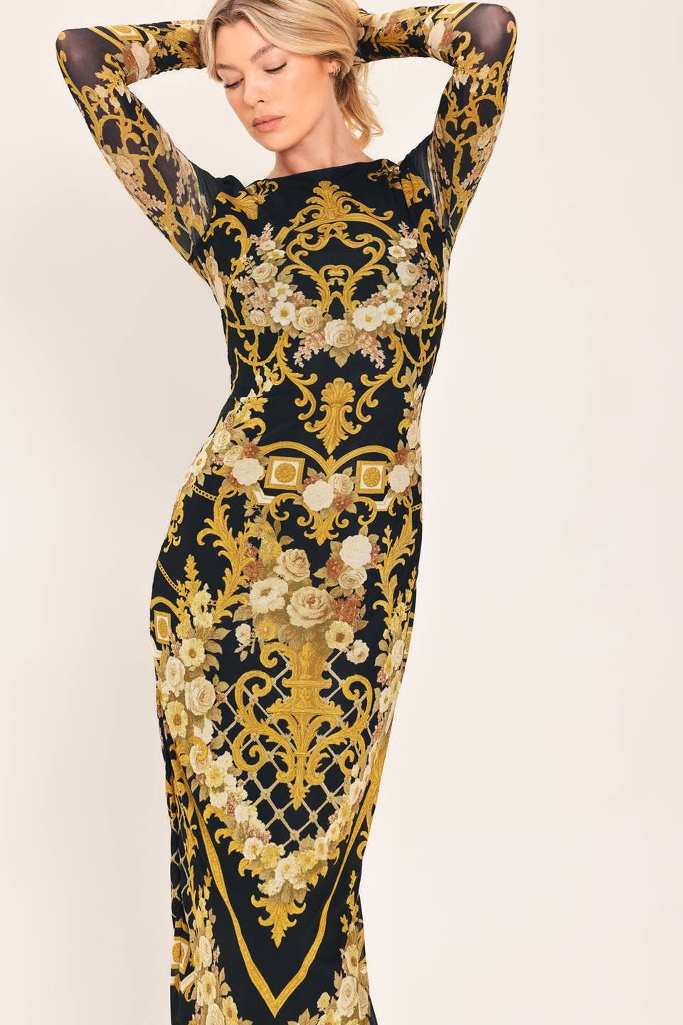 A printed power mesh midi dress - ID24092: Black