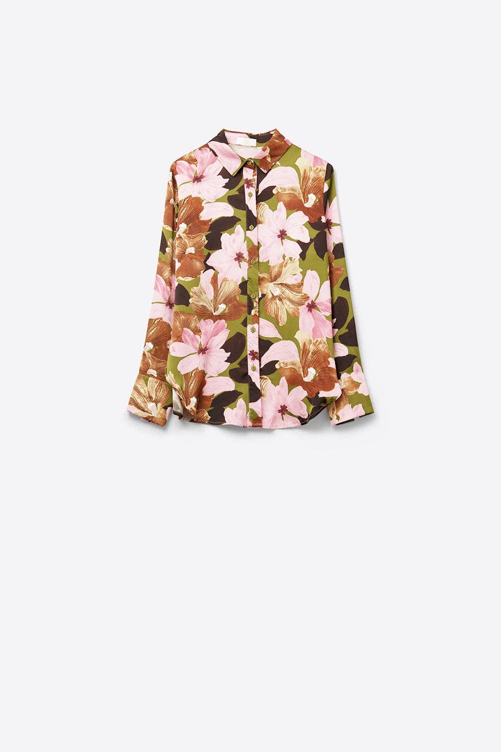 Satin Finish Tropical Floral Shirt in Olive Green: GREEN / L