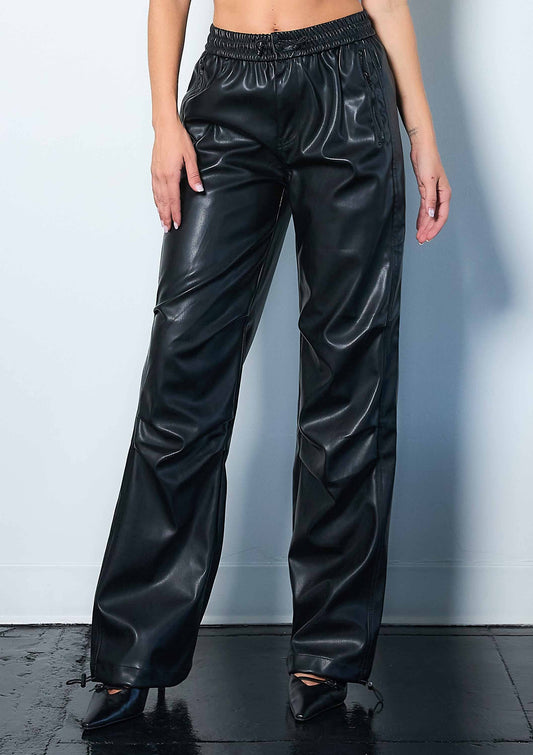 Vegan Leather Elastic Waist Band Baggy Pants: Black