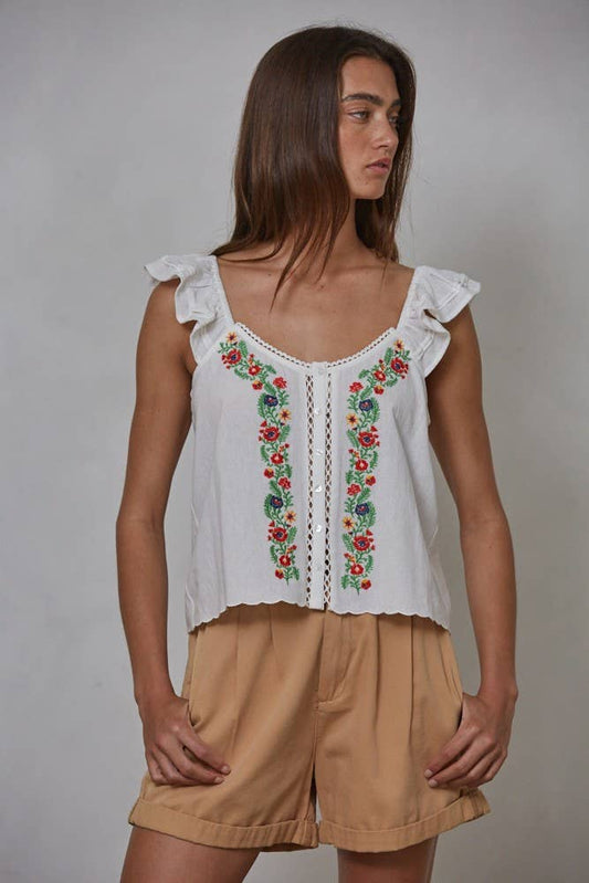 Floral Embroidered Lace Detail Top: Off White