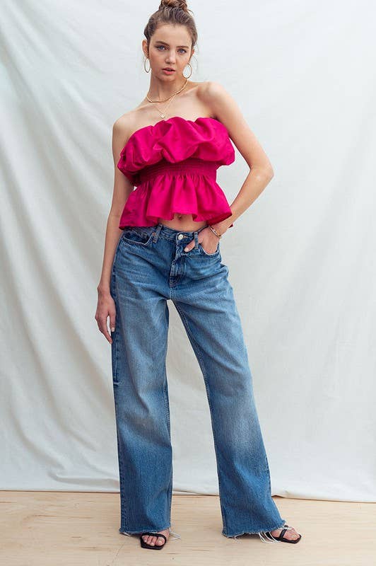 Strapless Ruffle Smocked Waist Silky Peplum Top: BERRY