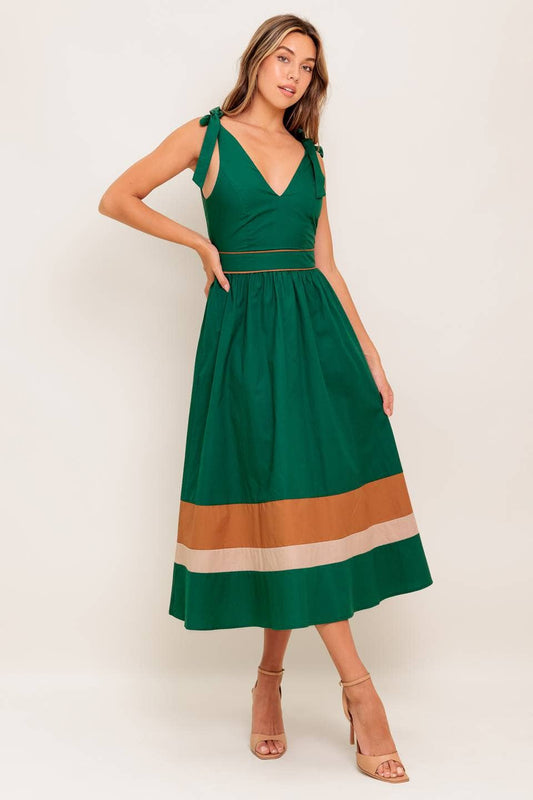 Green/Taupe color blocked midi dress - ID22698: