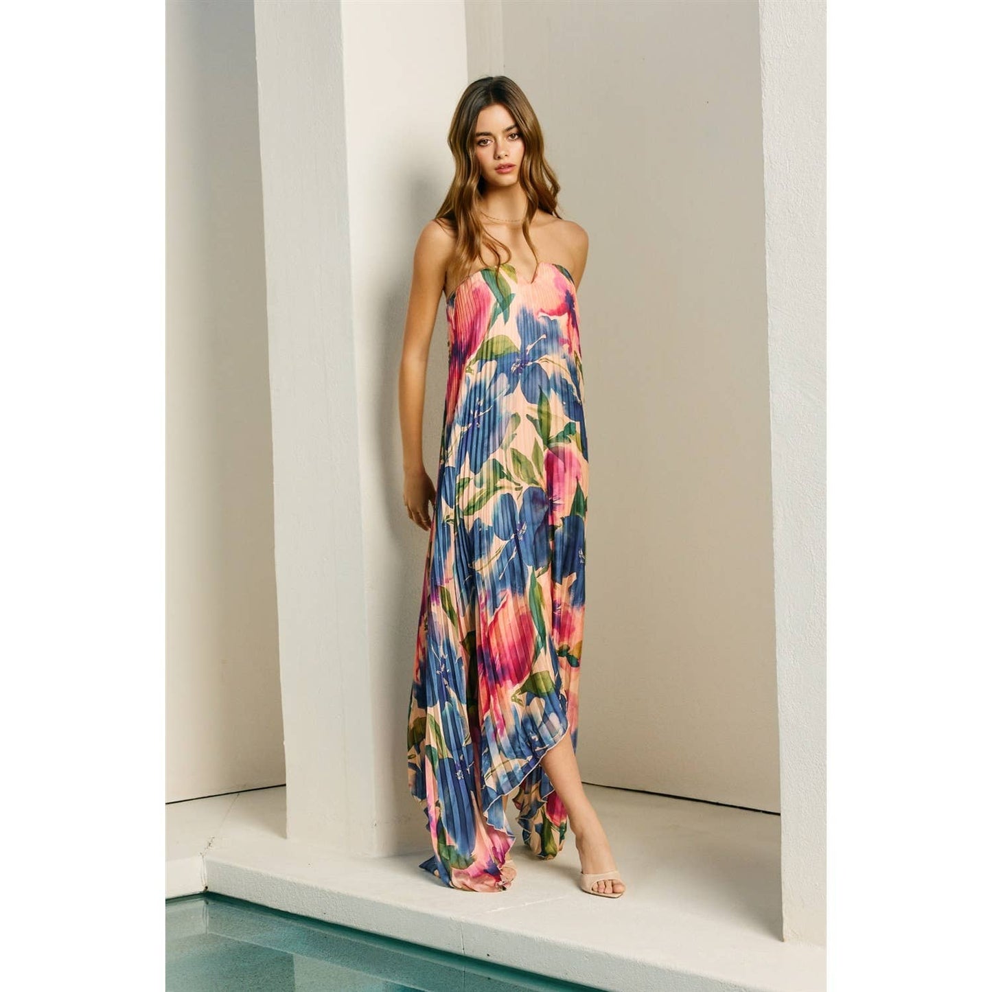Floral Strapless Pleated Maxi Column Dress: LAPIS BLOOM