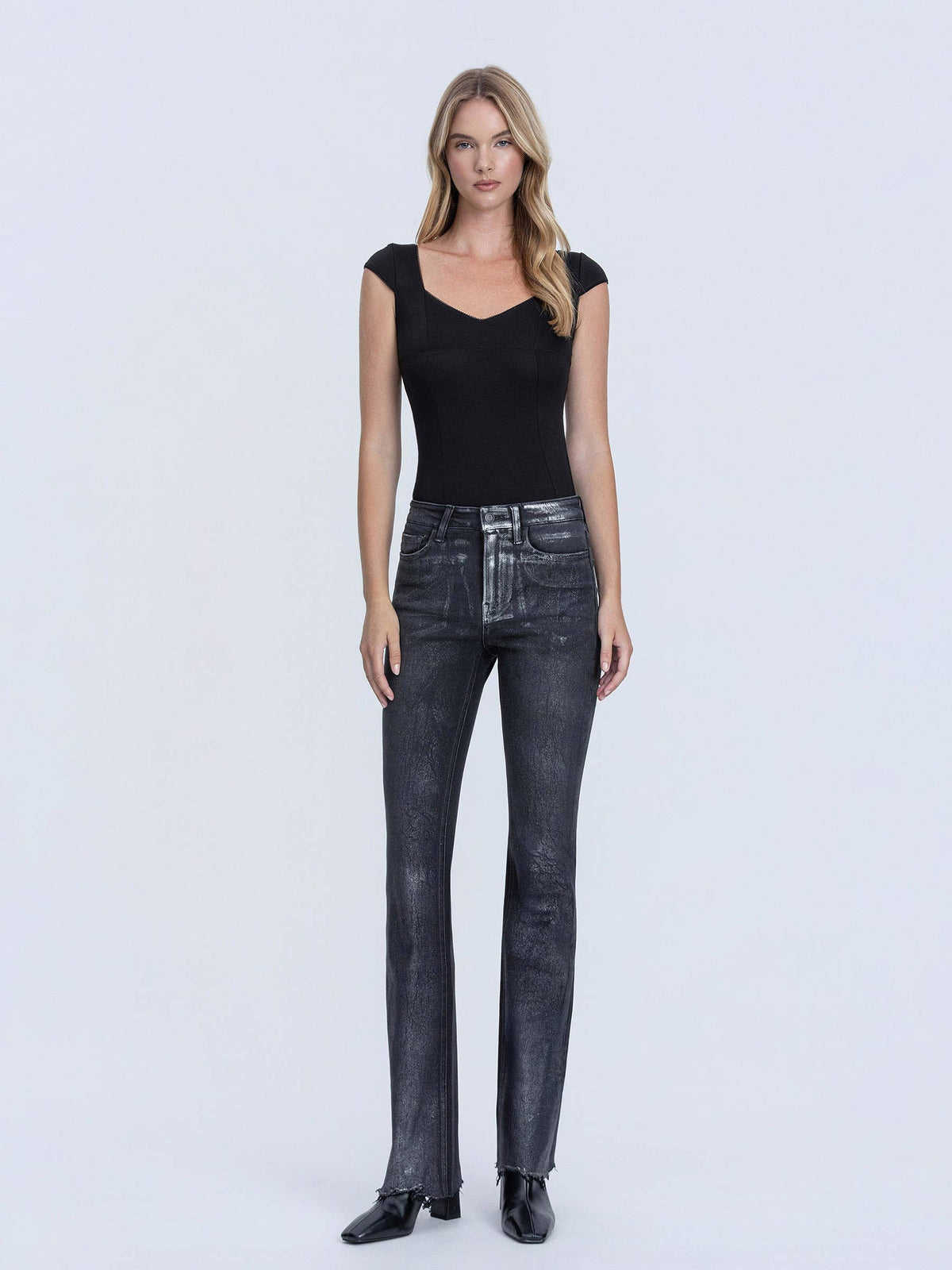 HIGH RISE METALIC COATED BLACK BOOTCUT JEANS F6370BK: Black