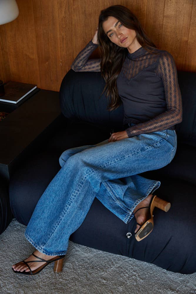 Ribbed Sheer Lace Mock Neck Long Sleeve: Charcoal