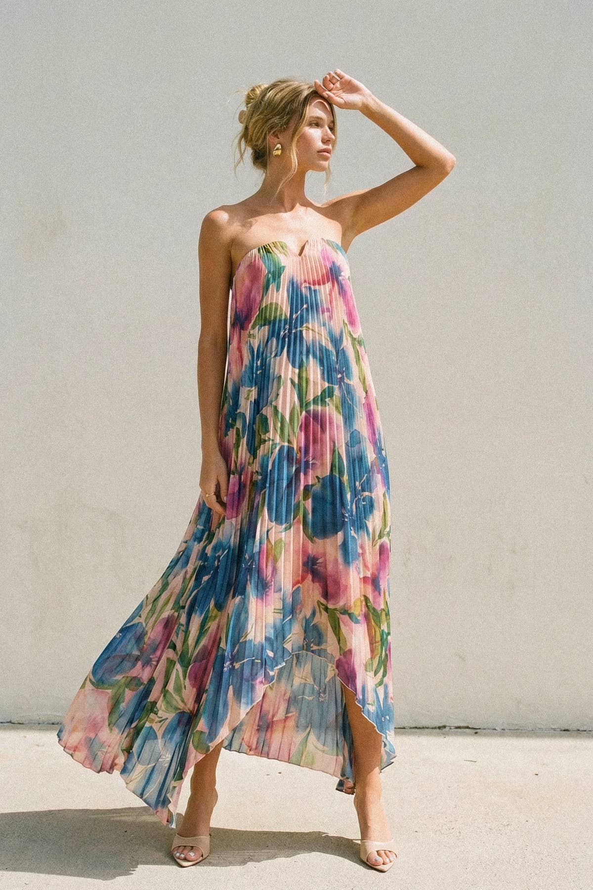 Floral Strapless Pleated Maxi Column Dress: LAPIS BLOOM