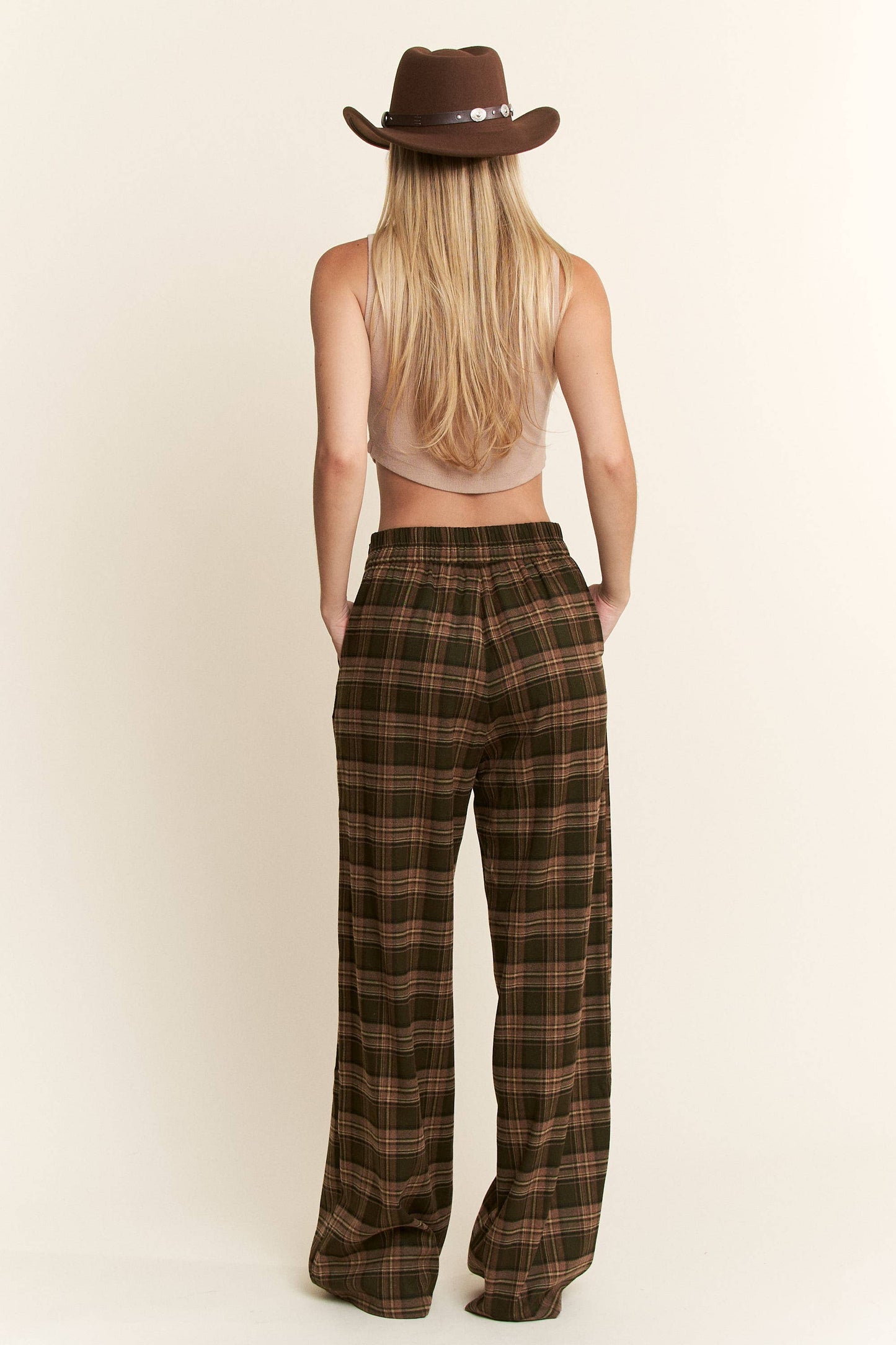 PLAID WIDE LEG SOFT DRESS PANTS: OLIVE/MOCHA
