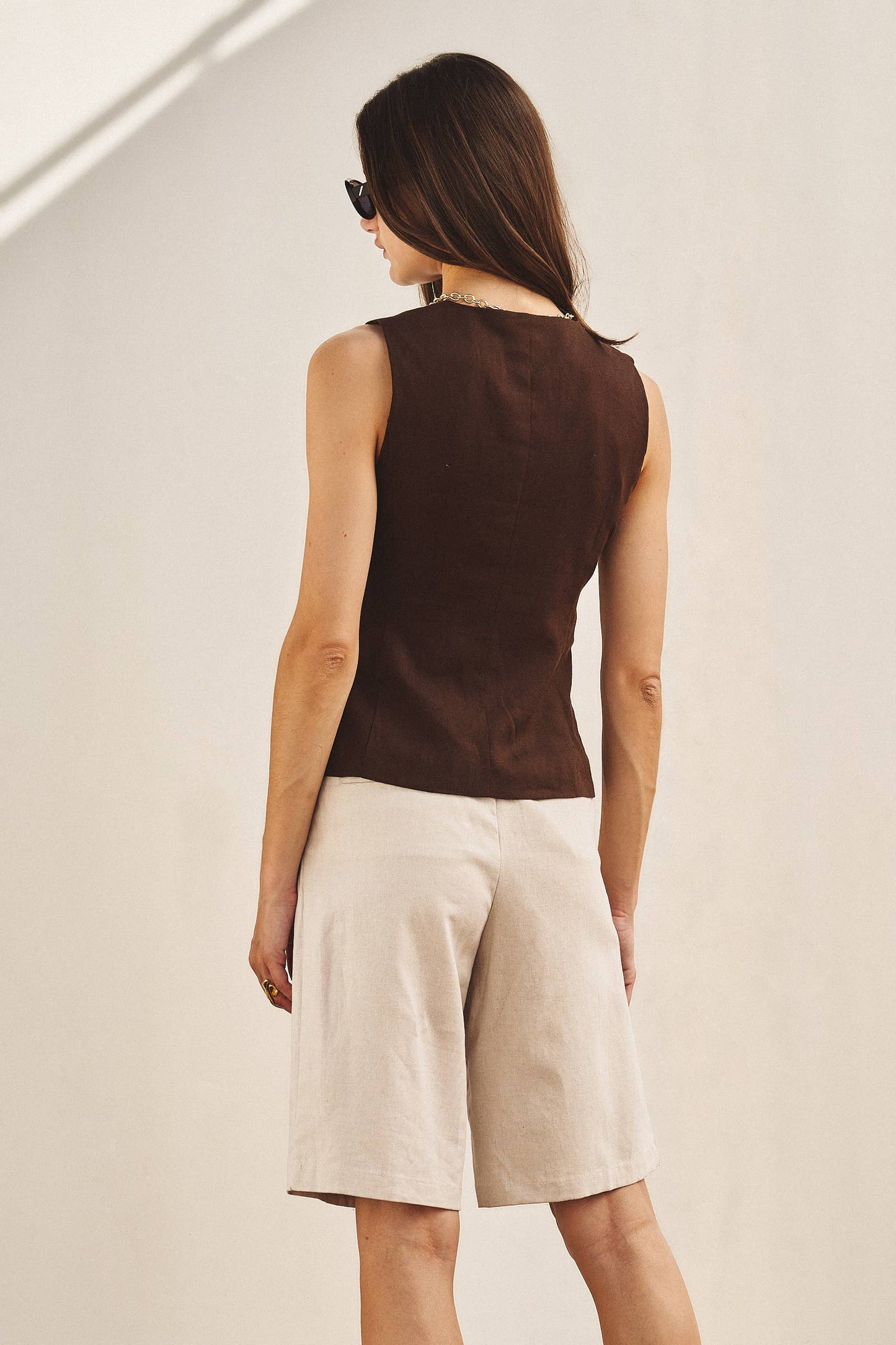 Linen Blend Belted Bermuda Shorts: Black