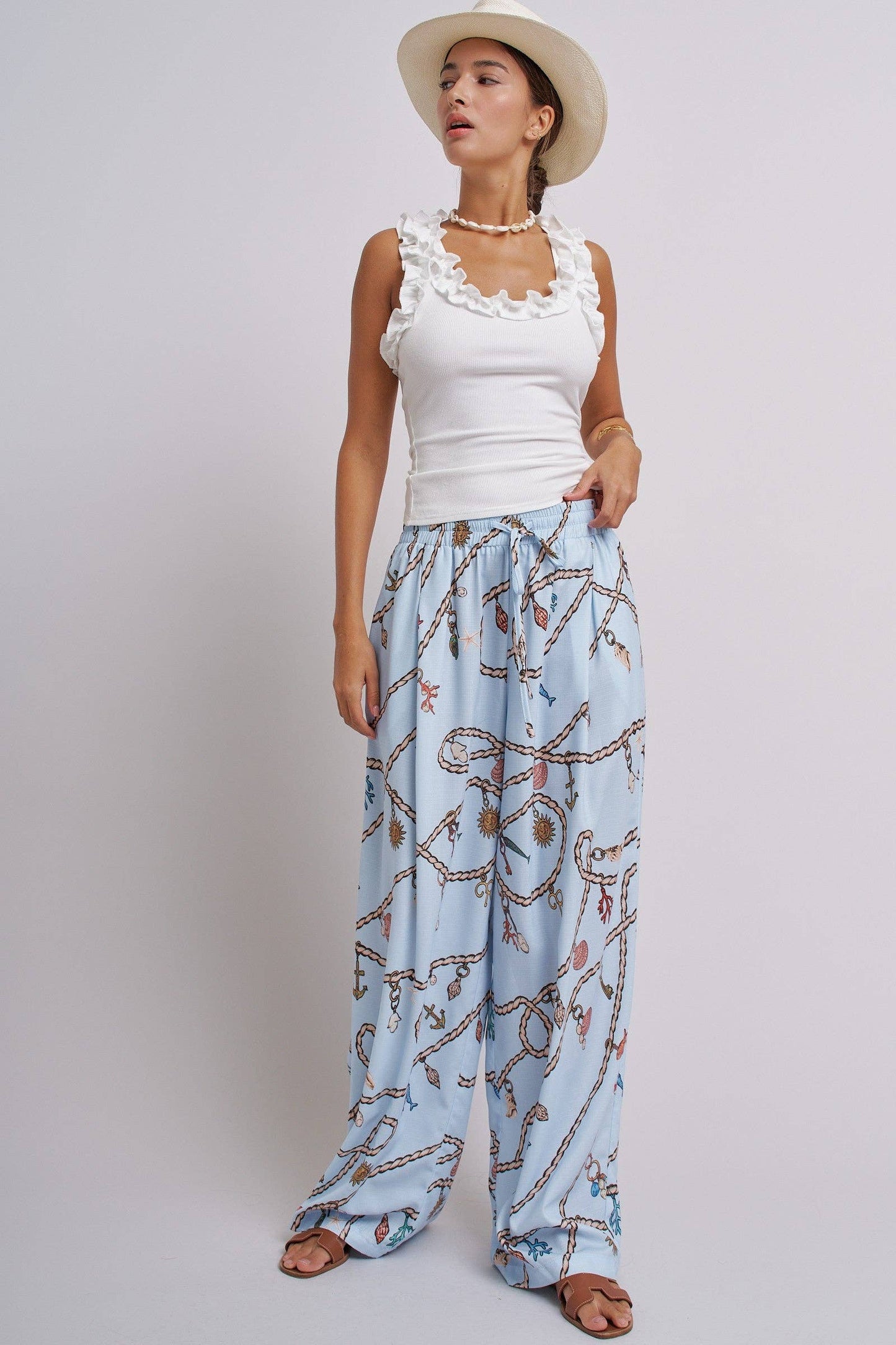 Rope Print Wide Leg Maxi Pants With Drawstring: Blue
