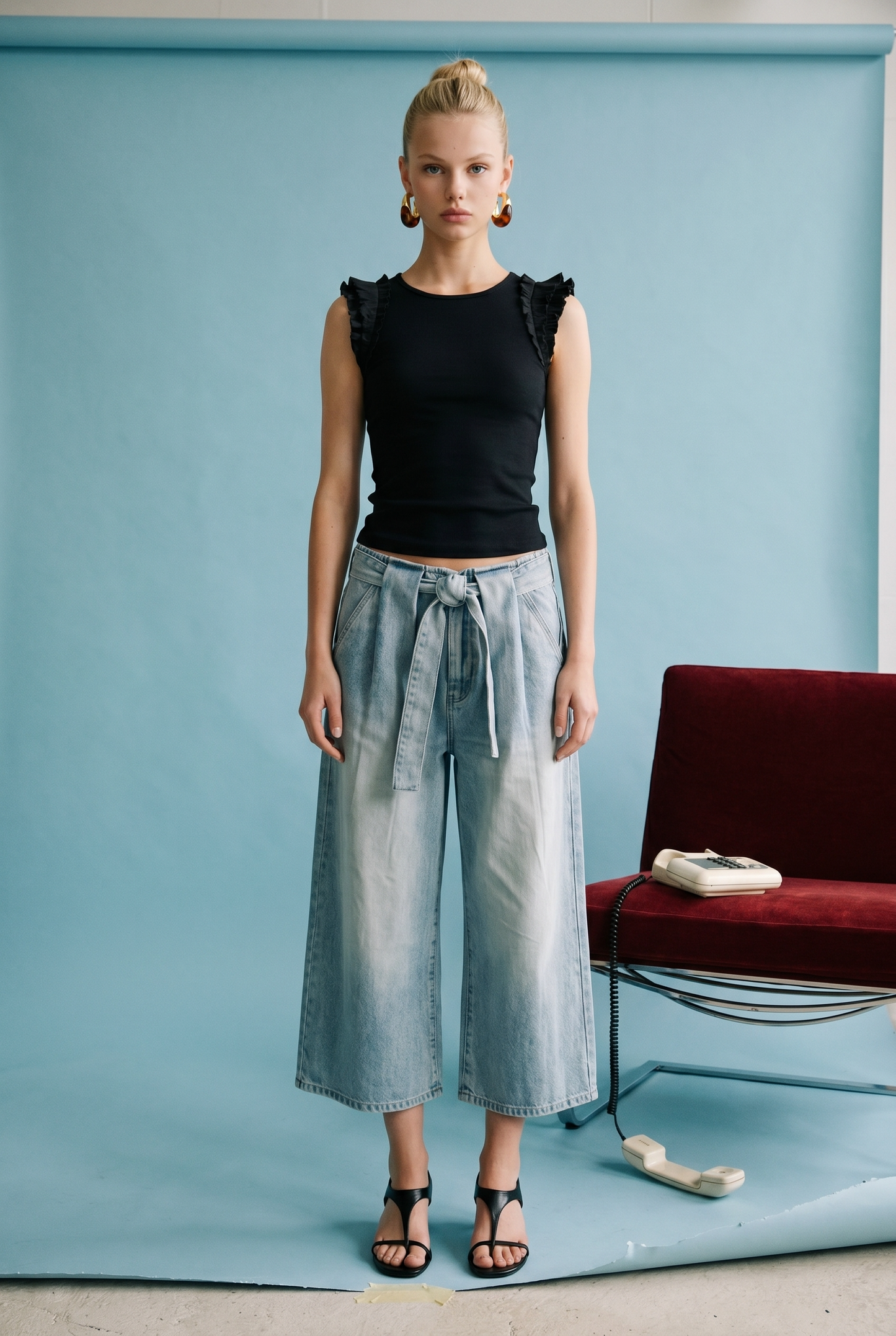 Ruffle Trim Sleeveless Knit Top: Black