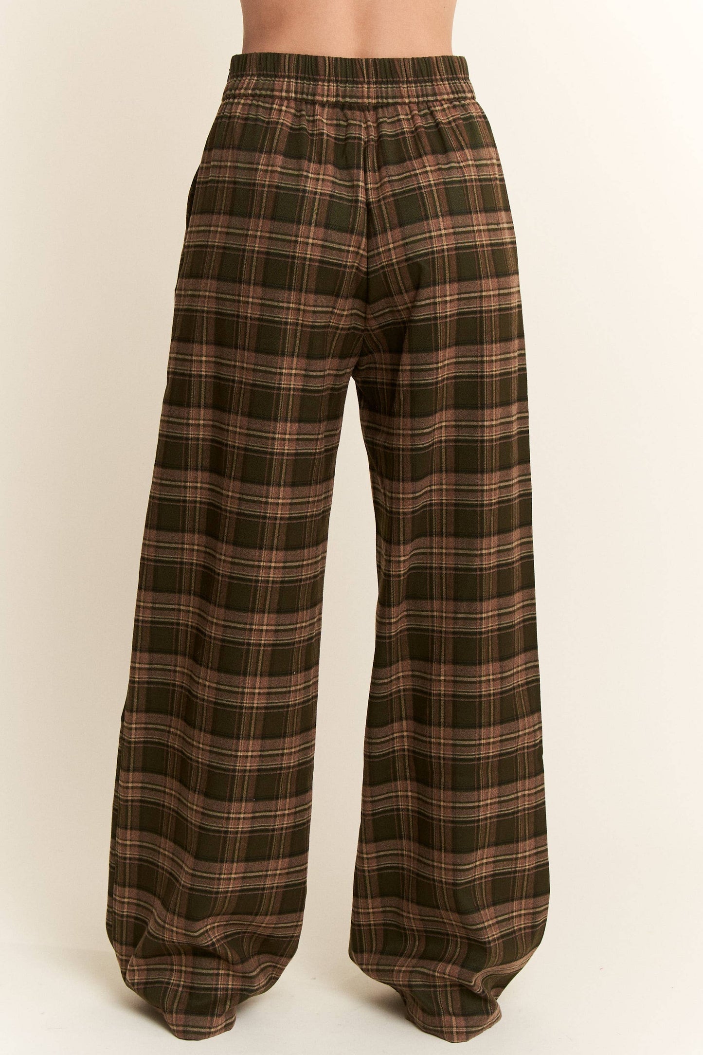 PLAID WIDE LEG SOFT DRESS PANTS: OLIVE/MOCHA