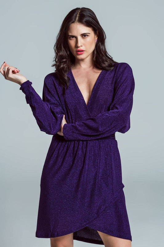 Mini length glitter dress with deep V neck in purple: Purple / Large
