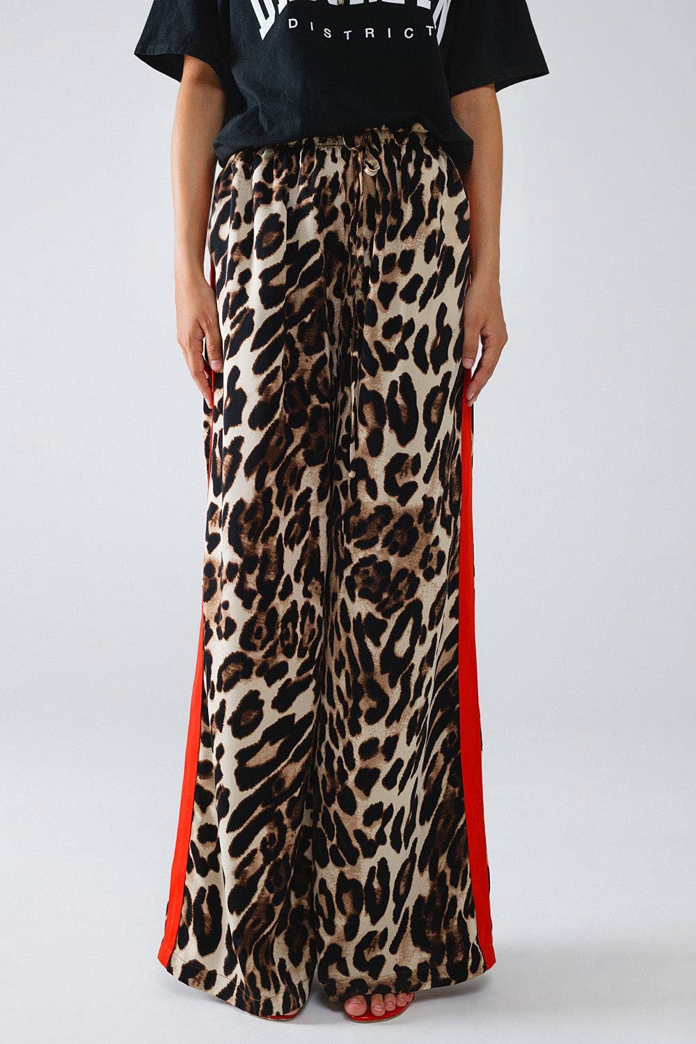 Leopard Straight Pants With Red Stripes Down The Sides: Brown