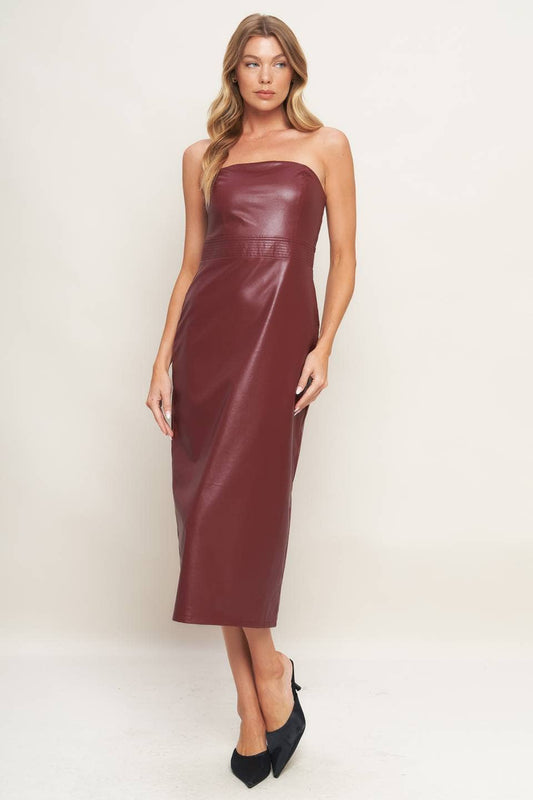 Burgundy fitted faux leather midi dress - ID22740: Burgundy