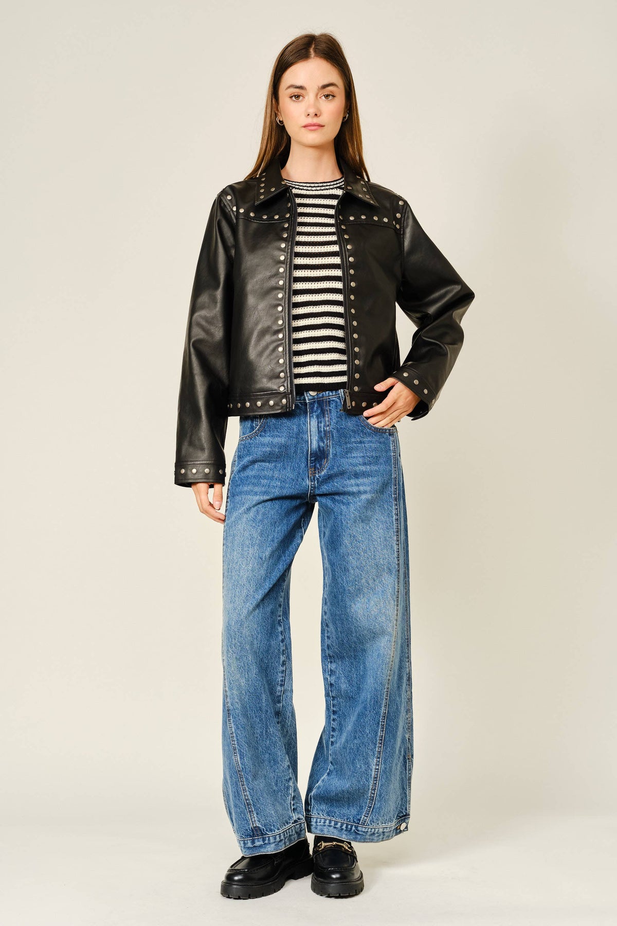 STUDDED VEGAN LEATHER JACKET: BLACK