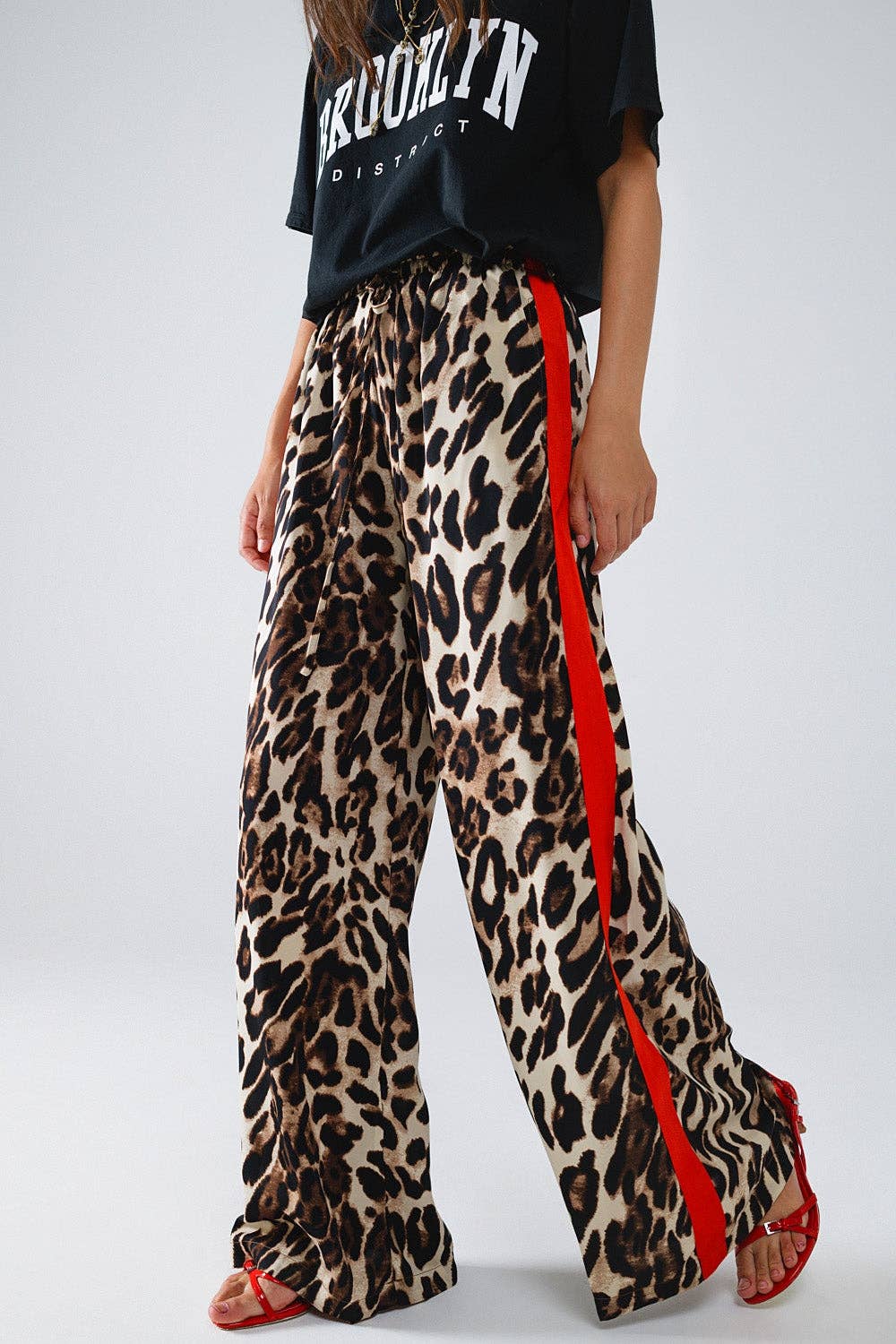 Leopard Straight Pants With Red Stripes Down The Sides: Brown