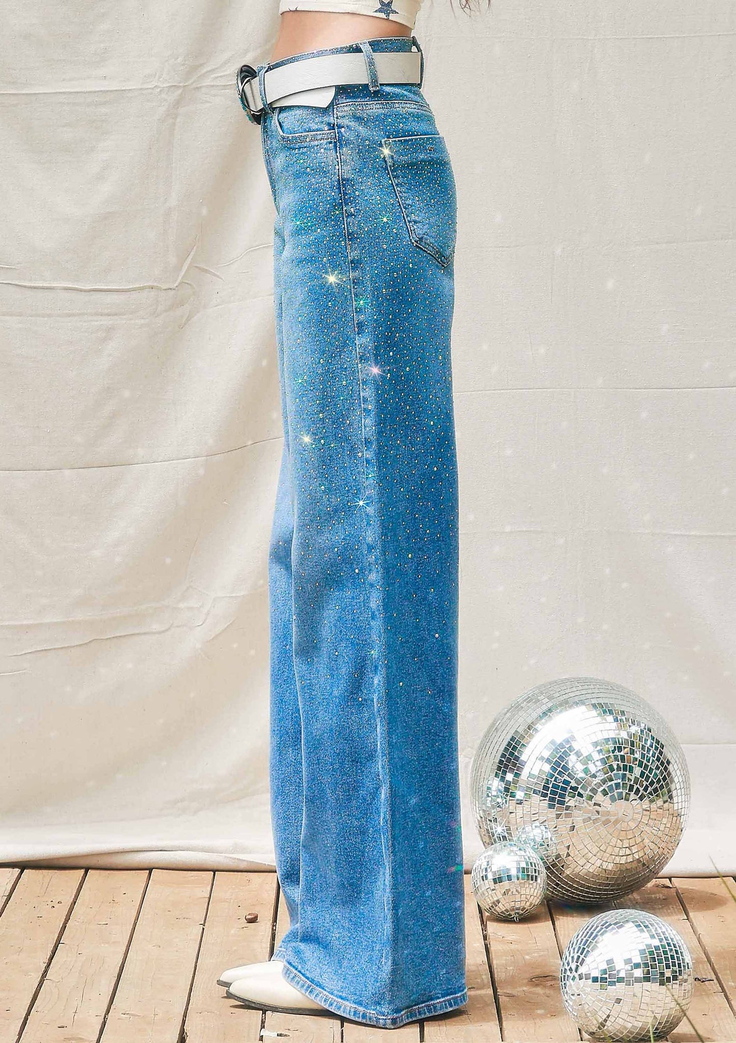 Iridescent Rhinestone High-Rise Wide Leg Jeans: Medium Stone