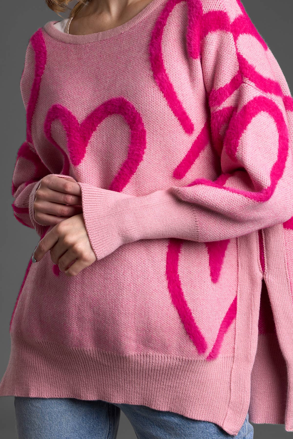 Whimsical Heart Pullover Sweater: Pink