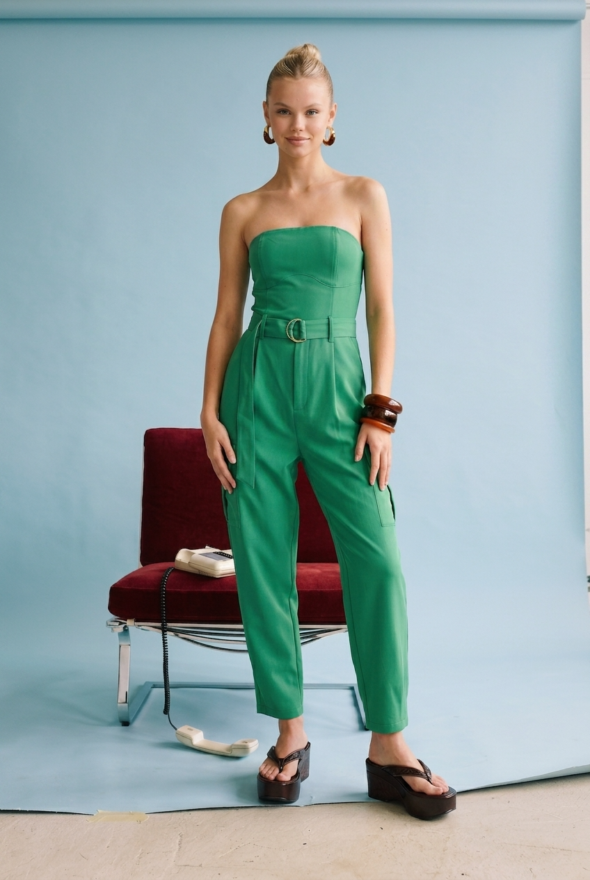 Strapless Belted Cargo Jumpsuit: Green