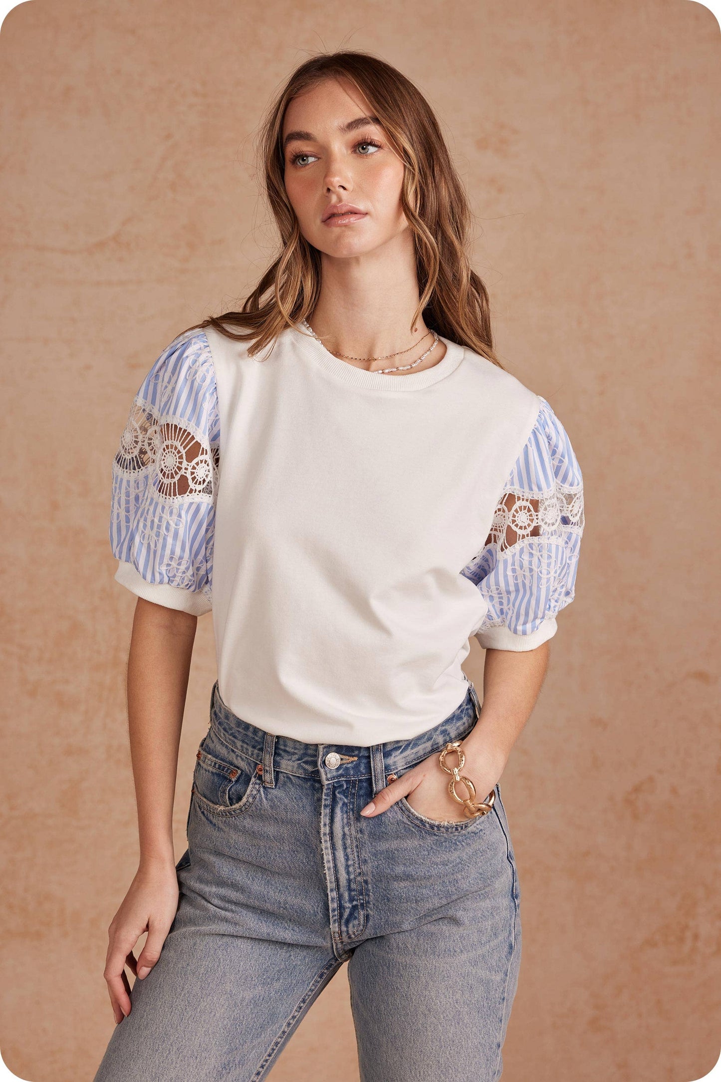 Striped Embroidered Puff Sleeve Tee Top: White/blue